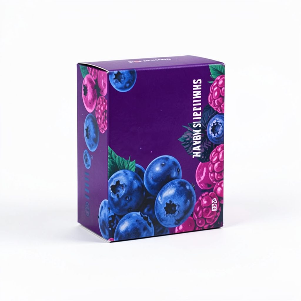 A deep purple and blue vape kit box with bold berry graphics, hinting at blueberry and sour raspberry flavor, on a clean white surface.