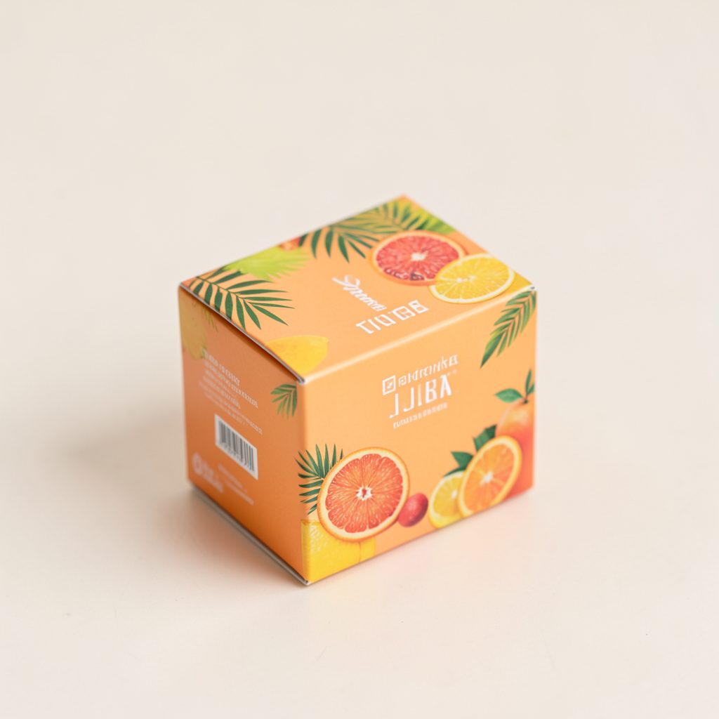 A compact vape kit box in warm mango-orange and yellow tones, with tropical fruit imagery on the label, photographed on a neutral backdrop.