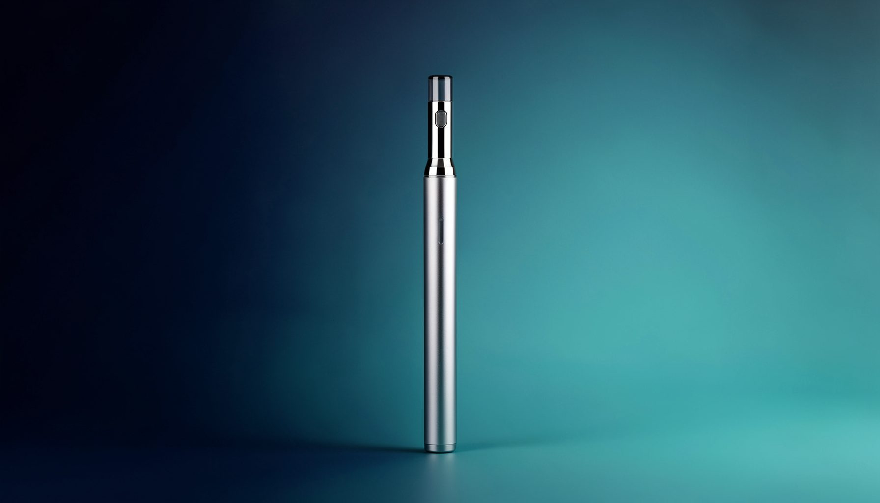 A slender disposable vape pen standing upright against a gradient backdrop of deep navy fading to soft teal, evoking a modern feel