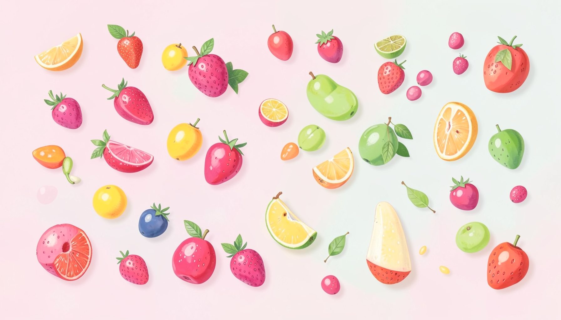 A colorful assortment of small fruit illustrations on a soft pastel background, suggesting variety and flavor exploration