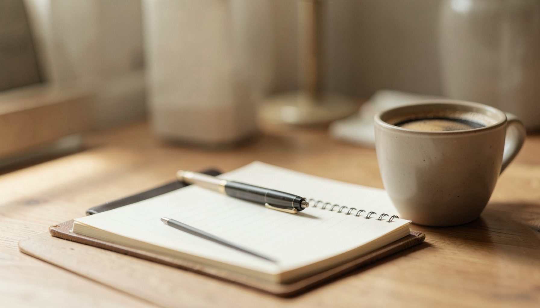 A softly lit desk scene with a notebook, pen, and a warm cup of coffee, conveying a calm reading and learning atmosphere
