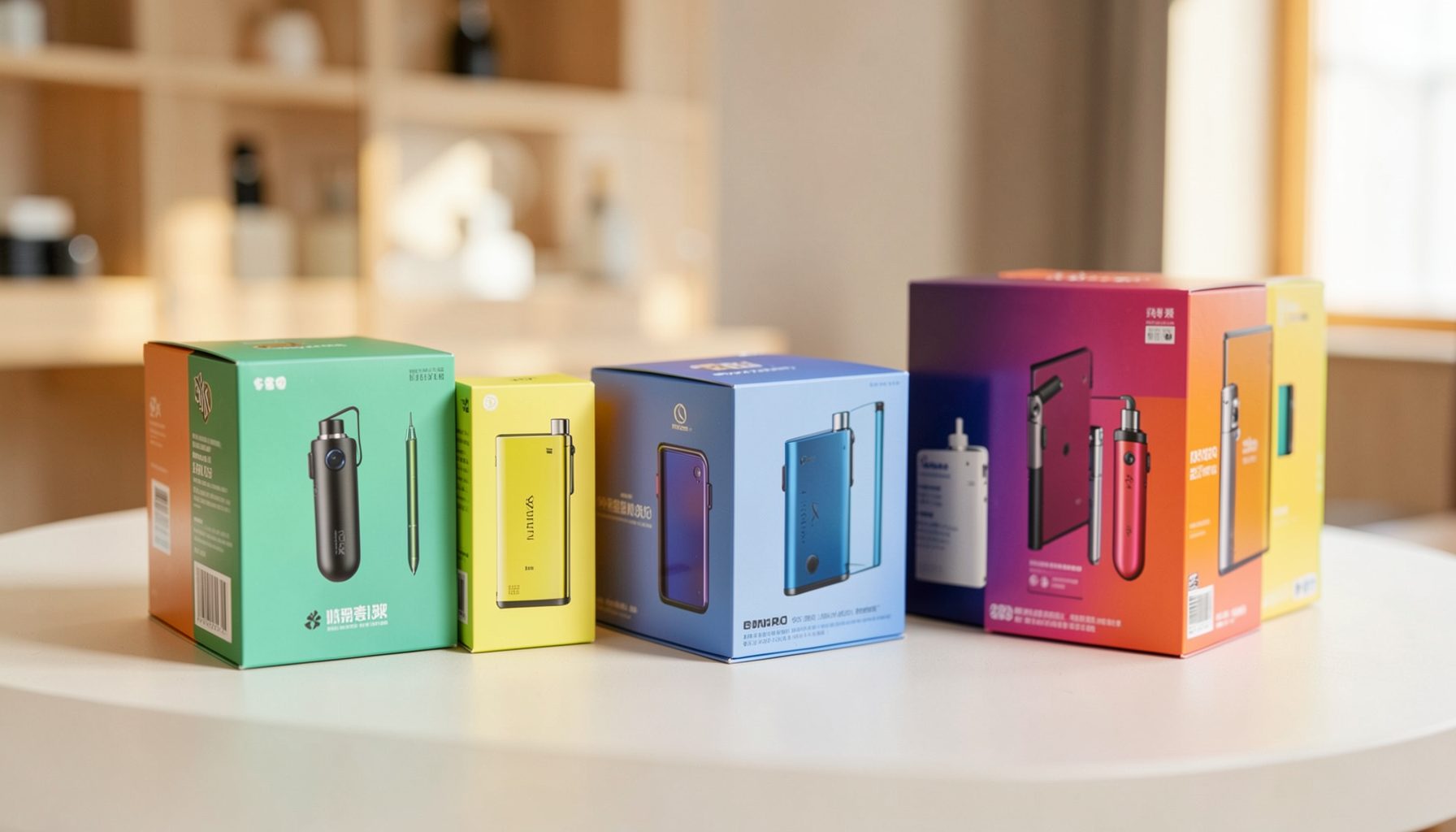 A clean product display with several colorful vape kit boxes arranged on a light neutral surface, soft natural lighting