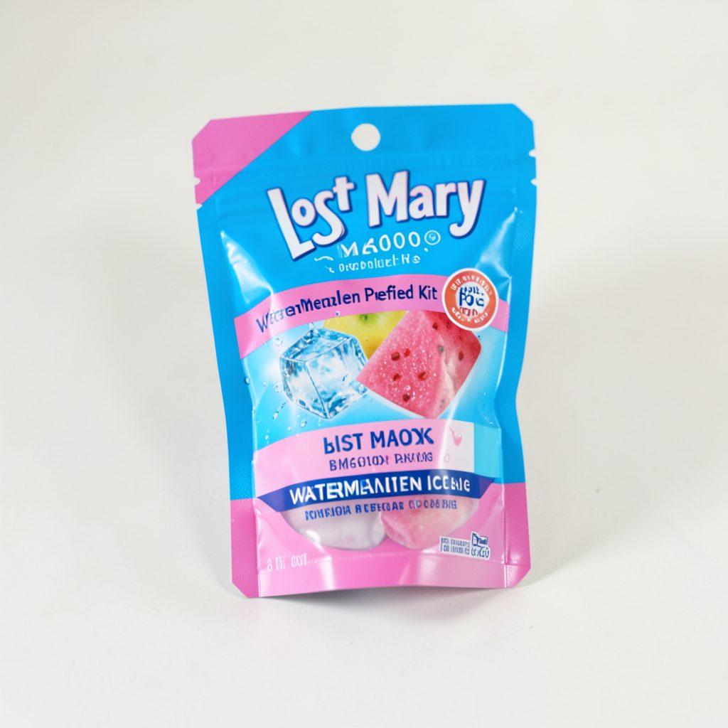 A Lost Mary BM6000 Prefilled Kit in Watermelon Ice flavor, cool blue and pink packaging on a light surface