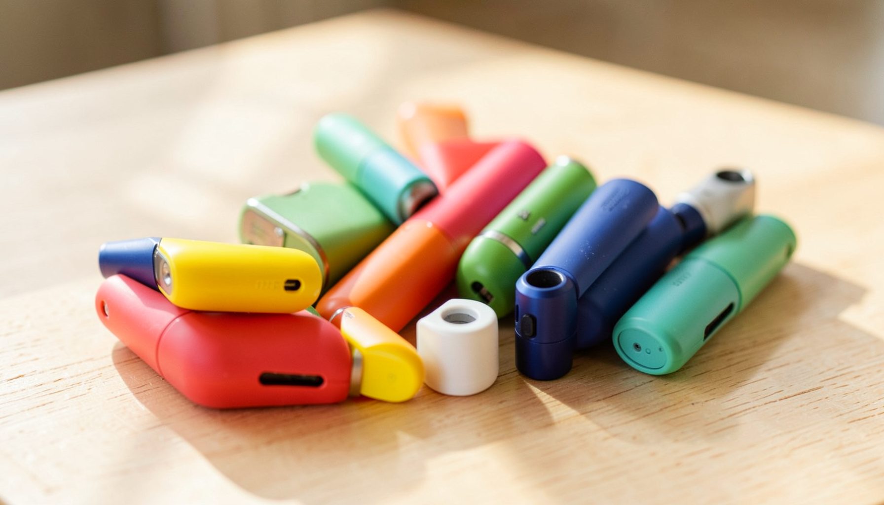 A warm close-up of colorful disposable vape devices arranged on a light wooden surface, with soft natural daylight and gentle shadows