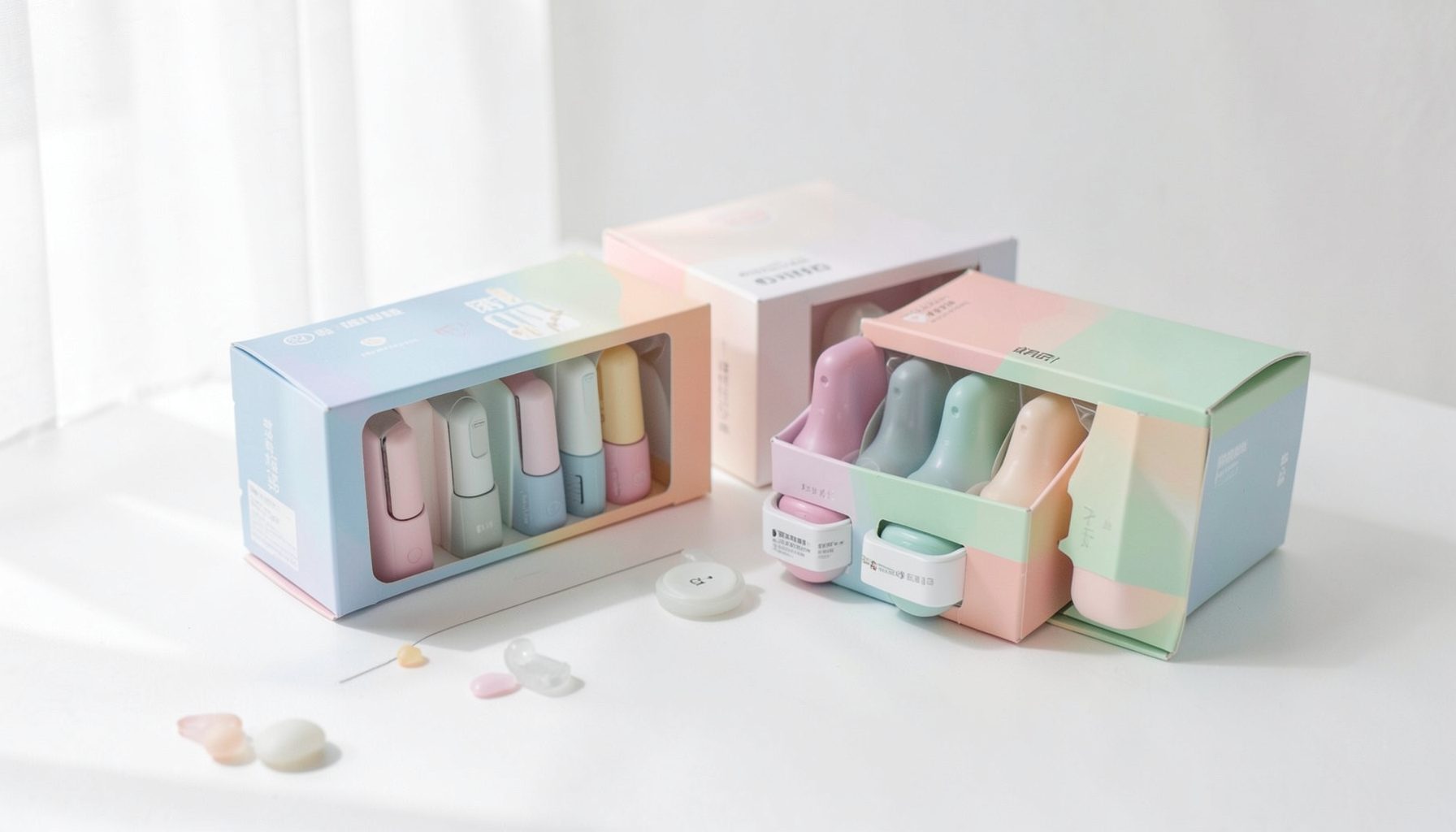 A lifestyle still-life of neatly lined vape pod kits in soft pastel packaging tones against a white backdrop, with diffused lighting