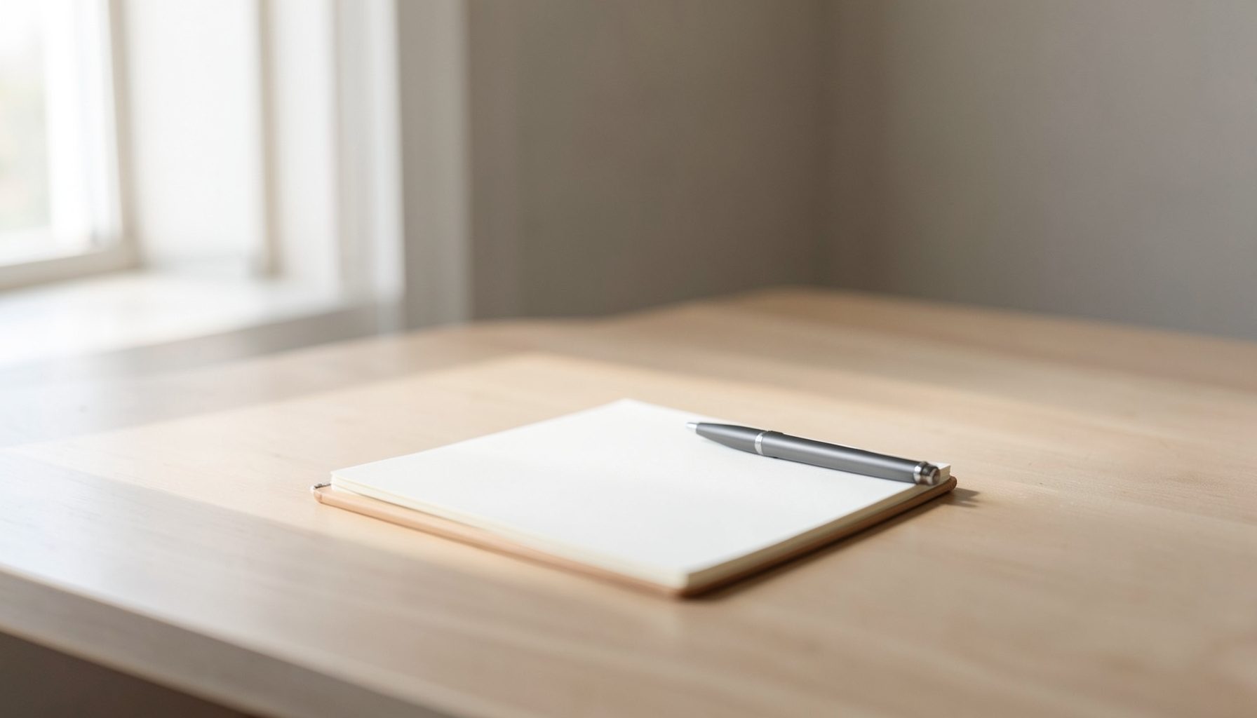 A clean, minimalist desk scene with a notepad and pen, soft natural light from a window, warm neutral tones of beige and cream