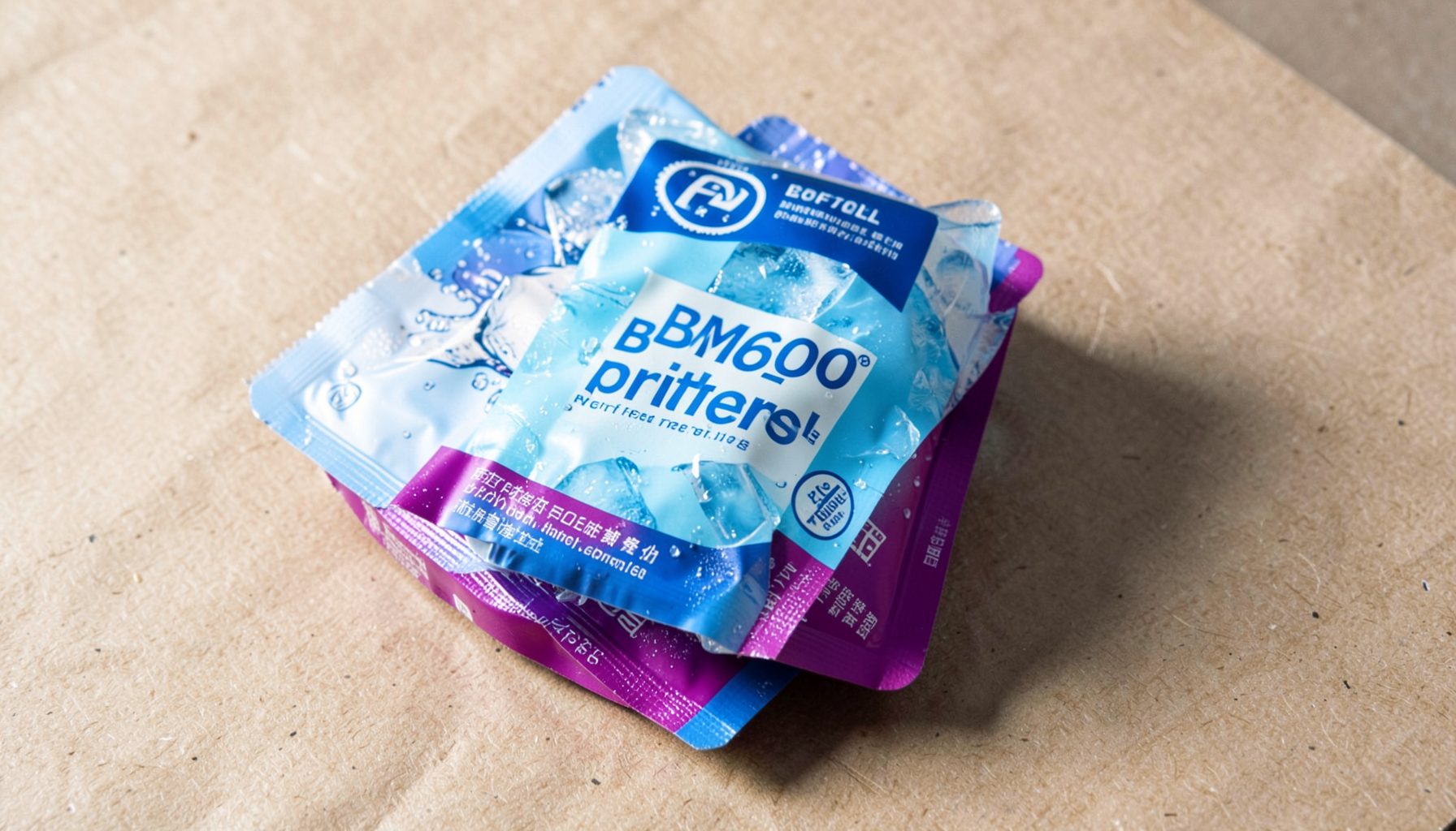 A prefilled kit box in vibrant packaging with icy blue and magenta accents, photographed on a textured craft-paper background