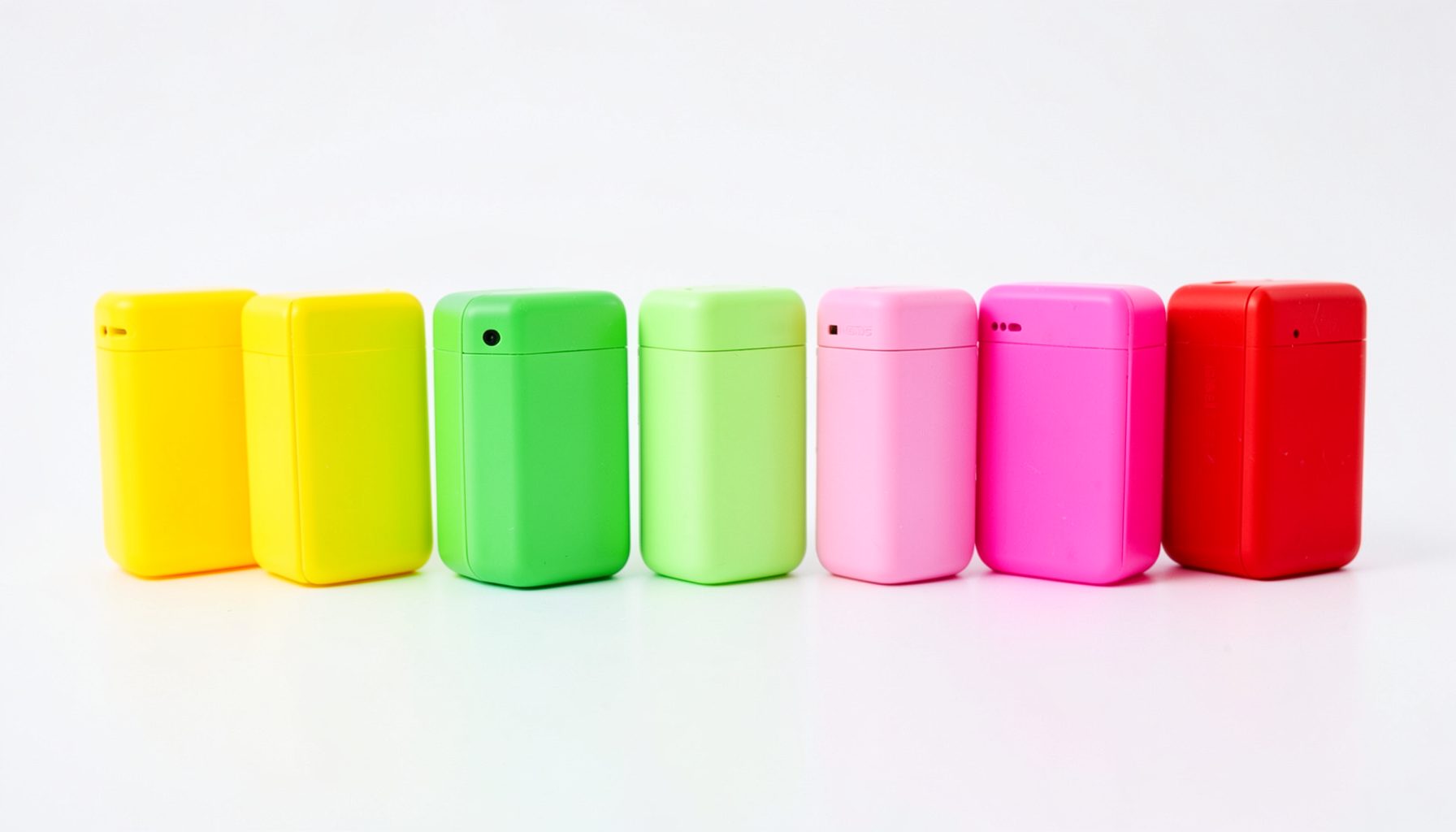A row of colorful disposable vape devices in fruity shades of yellow, green, pink, and red, resting on a clean white surface