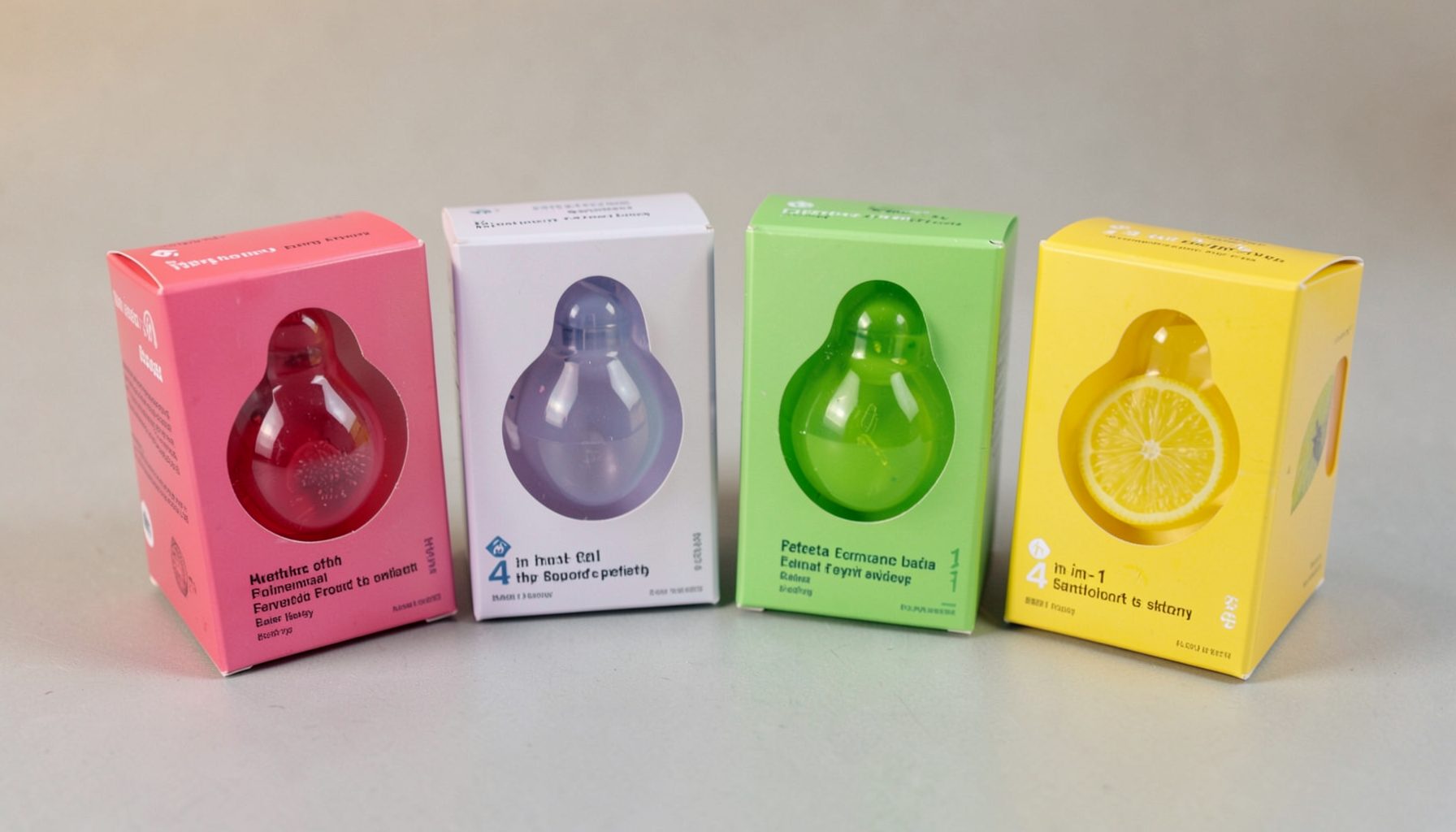 Four boxed 4-in-1 prefilled pod kits in berry, citrus, green, and lemon color themes, arranged neatly on a light gray surface