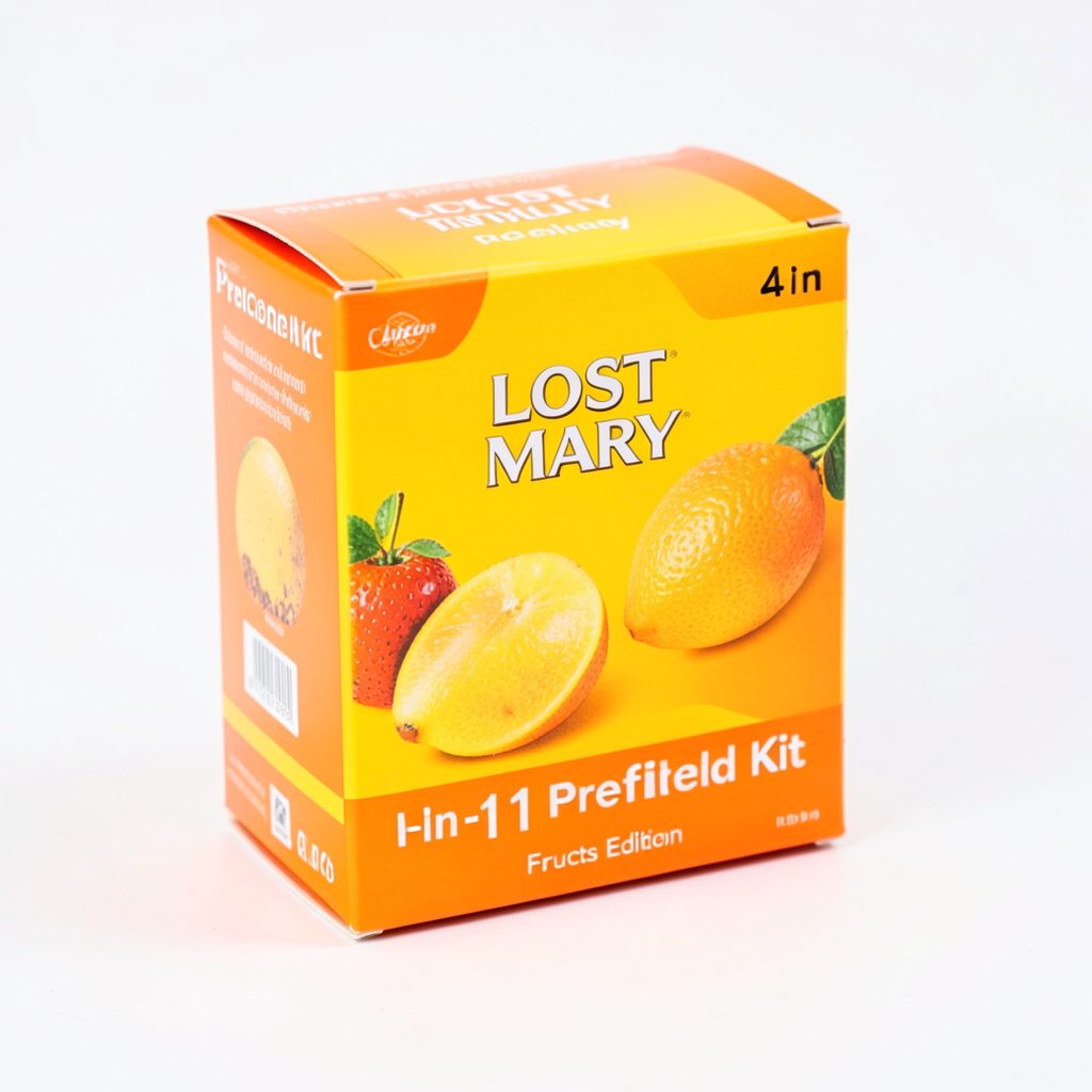 A Lost Mary 4-in-1 Prefilled Kit Fruits Edition box in bright orange and yellow tones on a clean white background